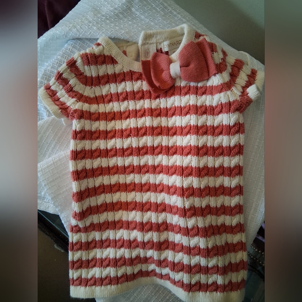 Cynthia Rowley Girls Striped Knit Dress in Coral and White with Bow